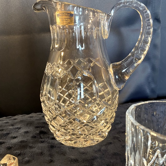 POLONIA Lead Crystal Pitcher Criss Cross & Circle Pattern Poland EUC - Picture 2 of 3
